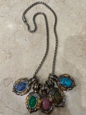 Women’s Silver-Tone Multi-Stone Pendant Necklace - Turquoise, Pink, Green, Blue